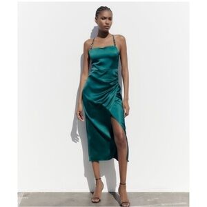 Zara Green Satin Slip Dress With Chain Detail Size XS NWT